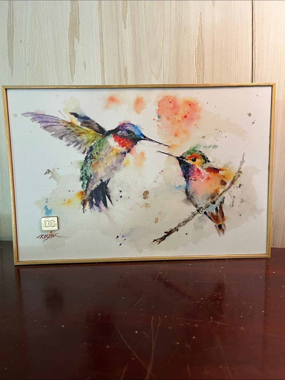 Colorful Hummingbird Watercolor Art Print in Gold Frame